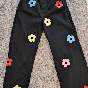 Black Pants with Colorful Flower Patches